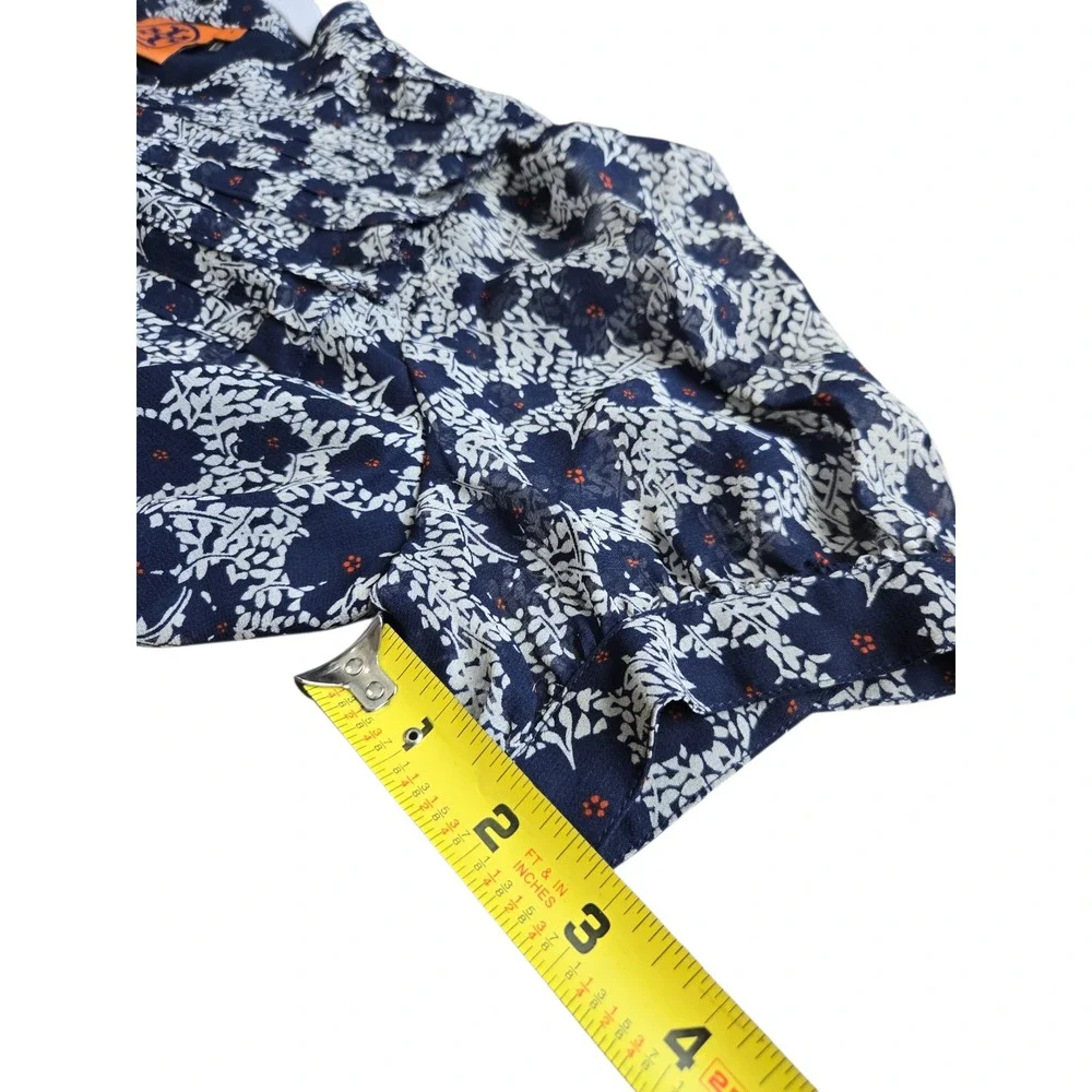 Tory Burch Navy Orange Floral Silk Button Down Mandarin Collar Blouse Size 4